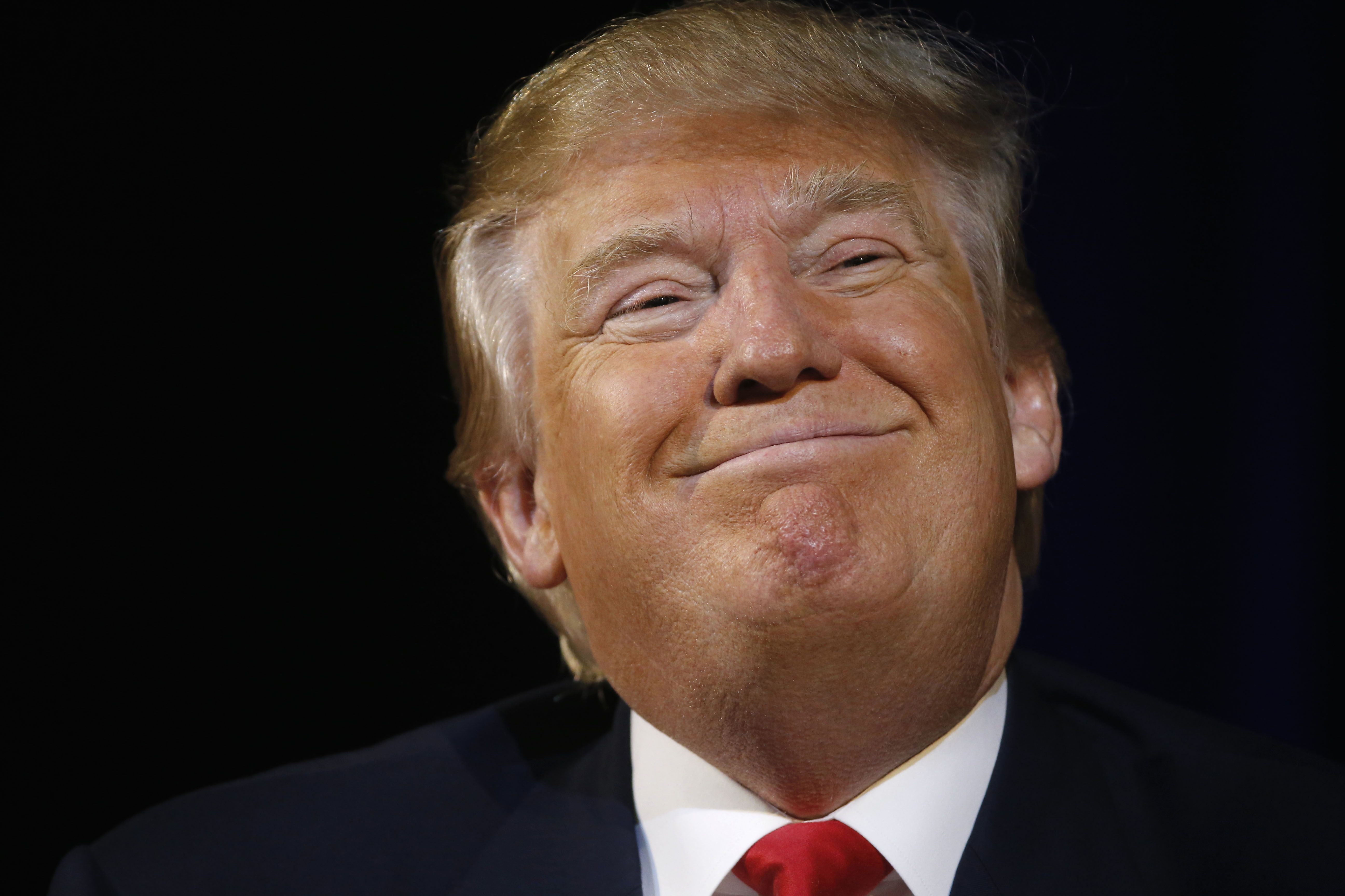 Republican presidential candidate Donald Trump smiles during a campaign stop, Wednesday, Feb. 17, 2016, in Bluffton, S.C. (AP Photo/Matt Rourke)