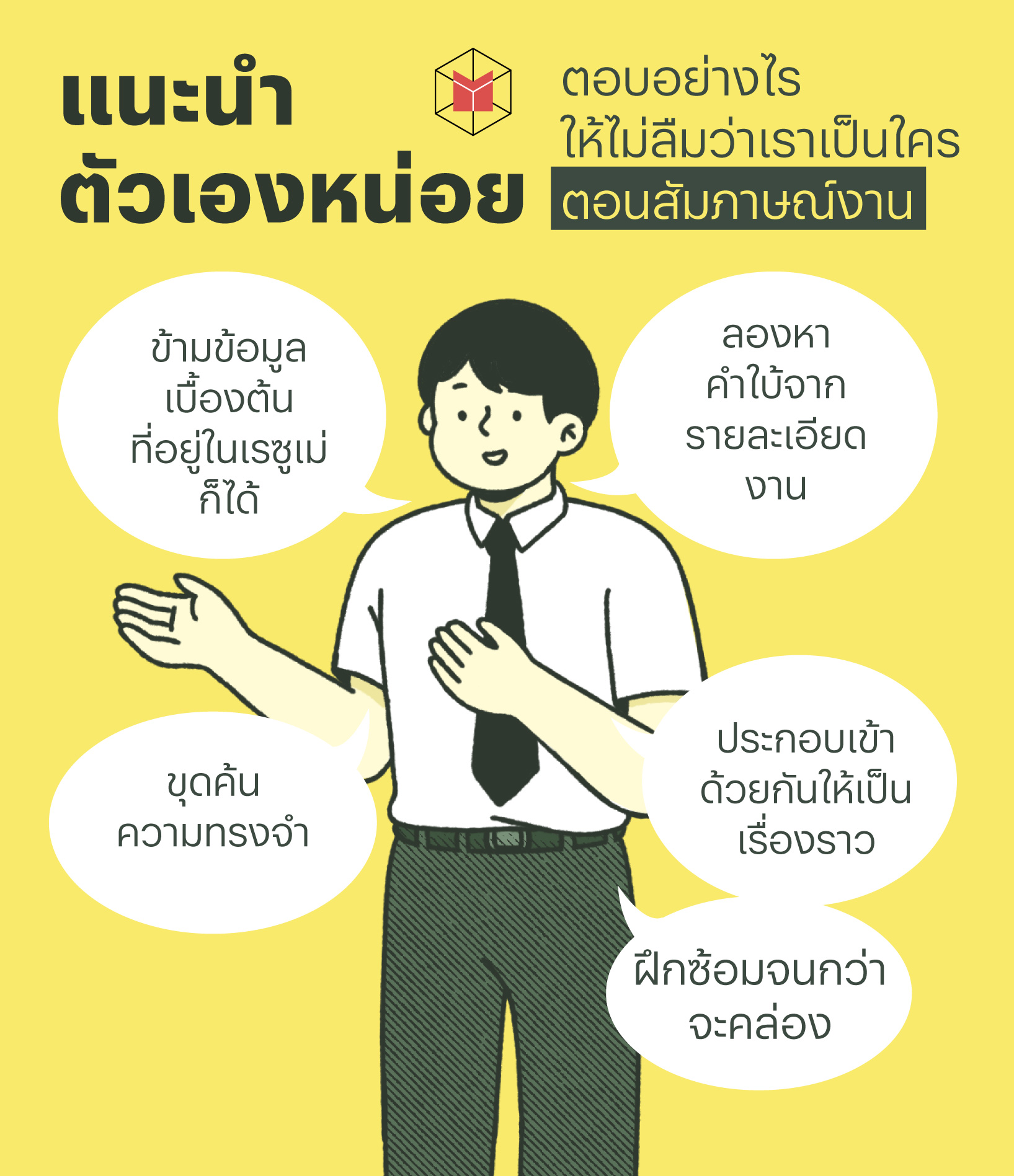 แนะนําตัวเองหน่อย” ตอบอย่างไรให้ไม่ลืมว่าเราเป็นใครตอนสัมภาษณ์งาน แนะนําตัวเองหน่อย” ตอบอย่างไรให้ไม่ลืมว่าเราเป็นใครตอนสัมภาษณ์งาน